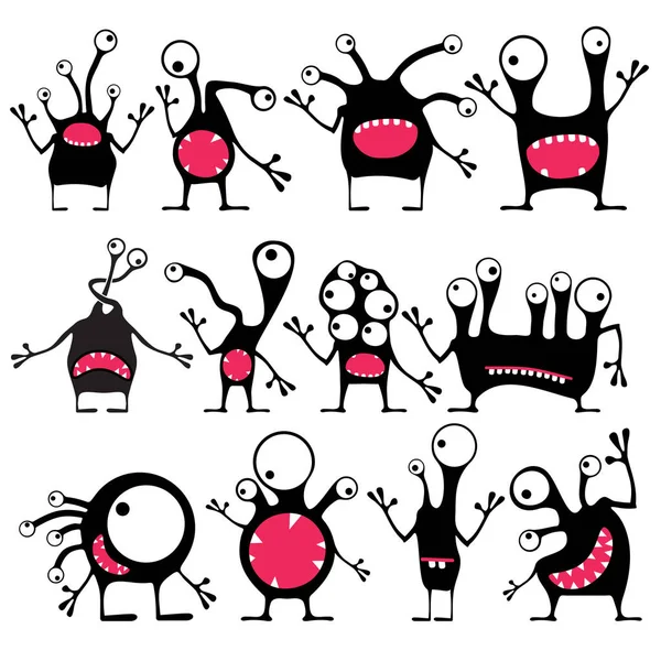 Set of twelve cute black monsters with different emotions — Stock Vector