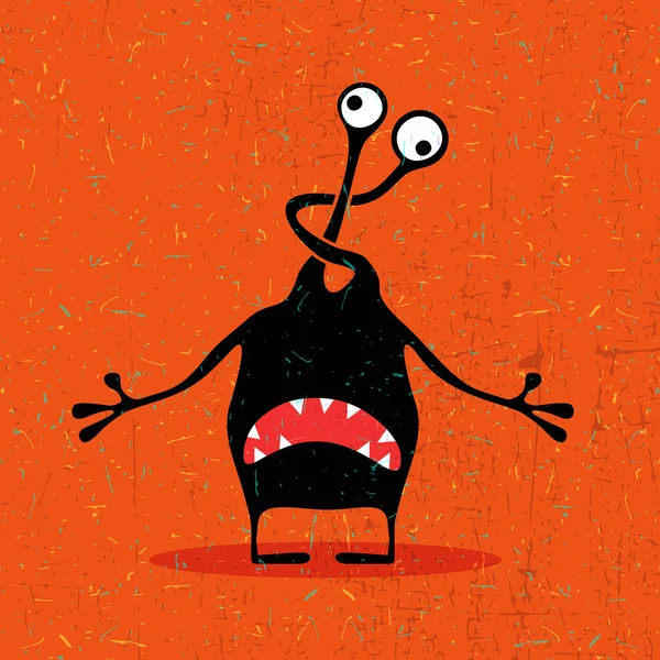 Cute black monster with emotions on grunge orange background. — Stock Vector