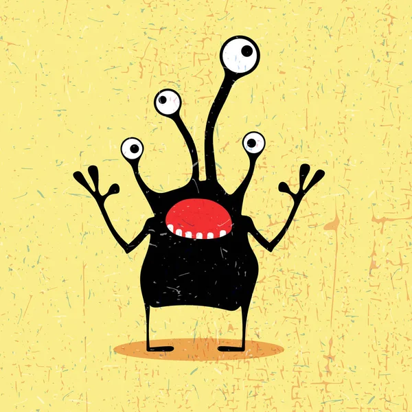 Cute black monster with emotions on grunge light yellow background. — Stock Vector