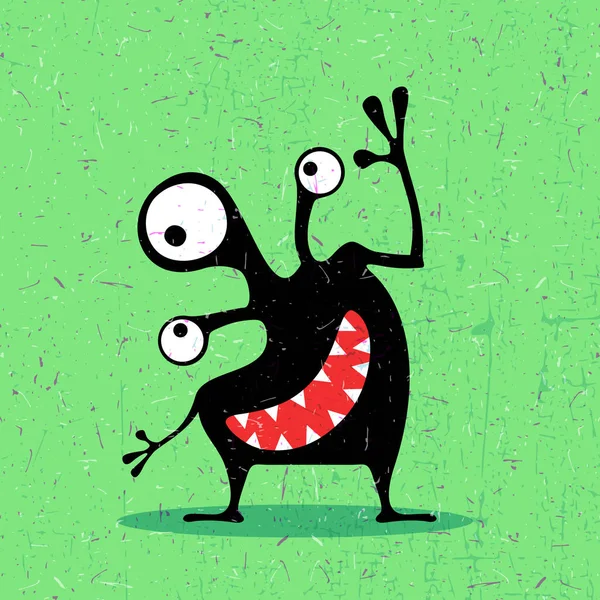 Cute black monster with emotions on grunge green background. — Stock Vector