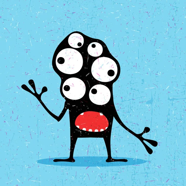 Cute black monster with emotions on grunge light blue background. — Stock Vector