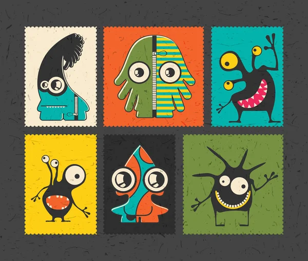 Set de seis sellos de franqueo retro con divertidos monstruos sobre fondo de diferentes colores . — Vector de stock