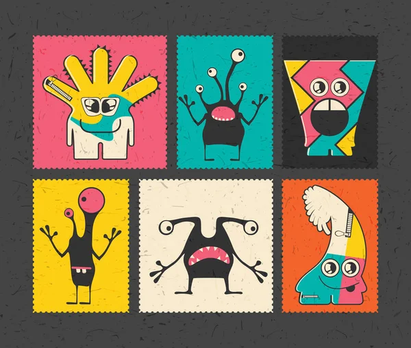 Set de seis sellos de franqueo retro con divertidos monstruos sobre fondo de diferentes colores . — Vector de stock