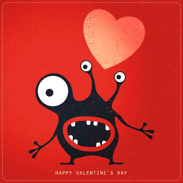 Leuke Monster met emoties en hart op retro rood grunge achtergrond. — Stockvector