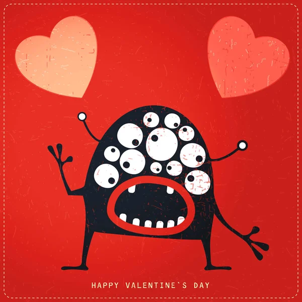 Cute Monster with emotions and heart on retro red grunge background. — Stock Vector