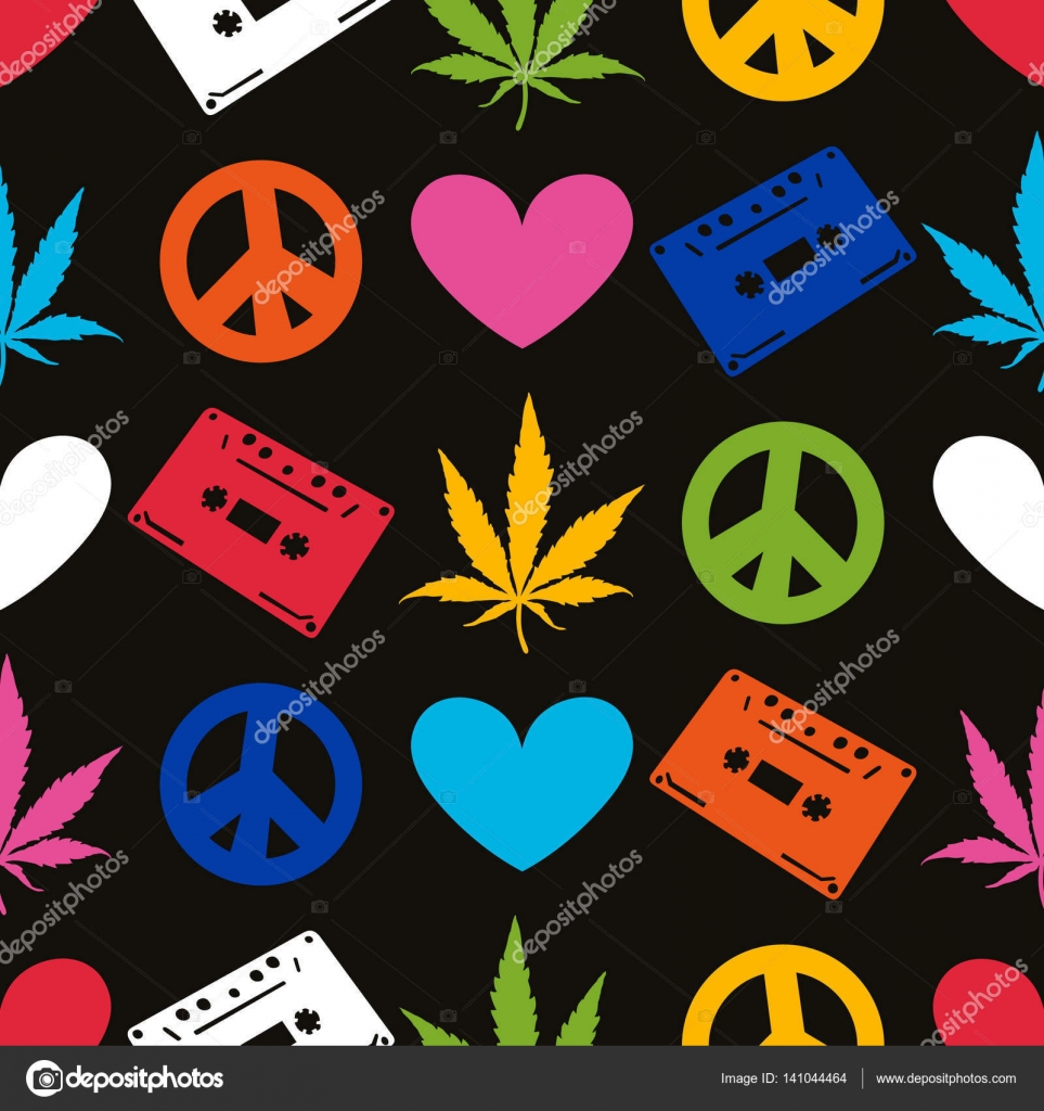 Color Hippie seamless pattern with marijuana leaves, cassette records, heart, peace symbol on black background. Stock Vector Image by ©aleabievsasha #141044464 Color Hippie seamless pattern with marijuana leaves, cassette records, heart, peace symbol on black background. Stock Vector Image by ©aleabievsasha #141044464