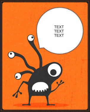 Duygu ve turuncu grunge zemin üzerine sohbet bulut ile komik siyah canavar