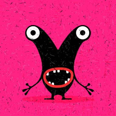 Grunge pembe arka plan üzerinde duygularla sevimli siyah canavar. 