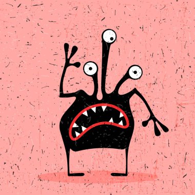 Grunge pembe arka plan üzerinde duygularla sevimli siyah canavar. 