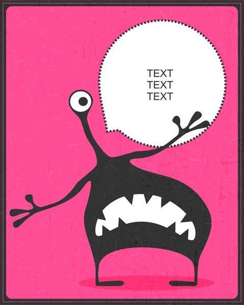 Divertente mostro nero con emozioni e chat cloud su sfondo grunge rosa — Vettoriale Stock