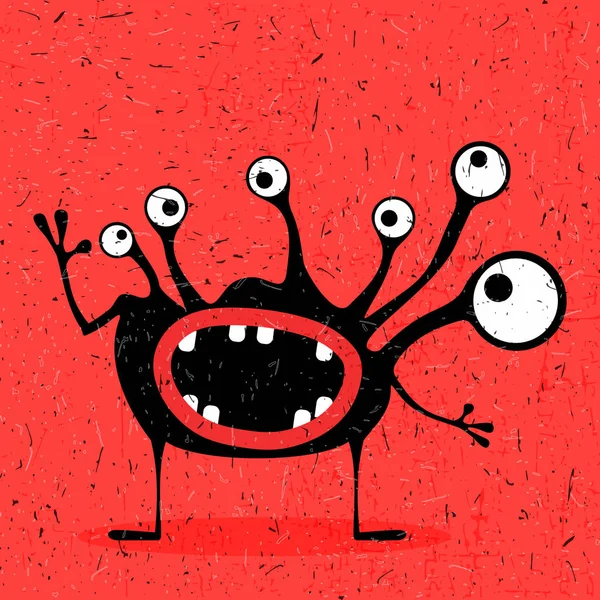 Cute black monster with emotions on grunge red background. — Stock Vector