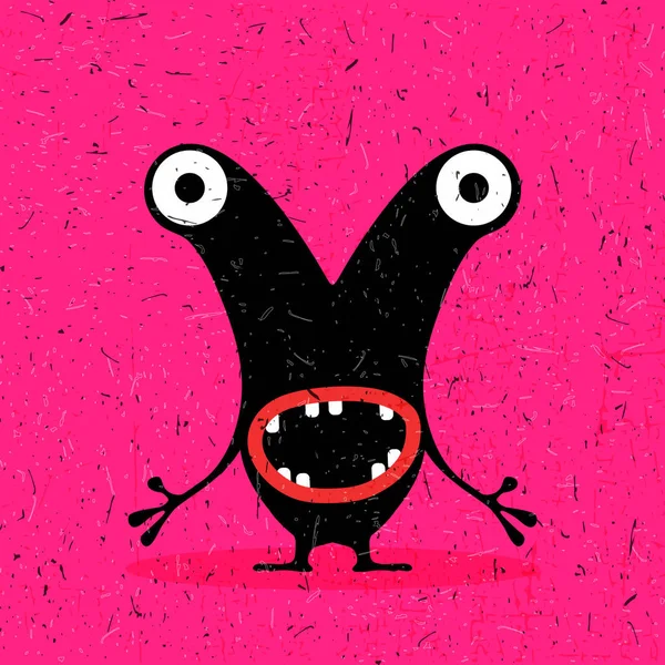 Monstro preto bonito com emoções no fundo rosa grunge . —  Vetores de Stock