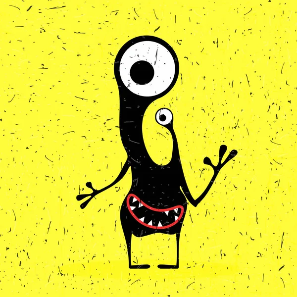 可爱的黑色怪物 grunge 黄色背景上的情绪. — 图库矢量图片