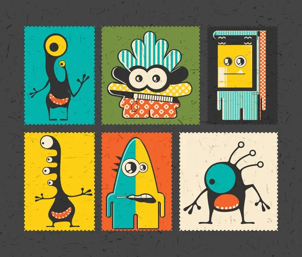 Conjunto de seis selos de postagem retro com monstros engraçados em diferentes cores de fundo . — Vetor de Stock