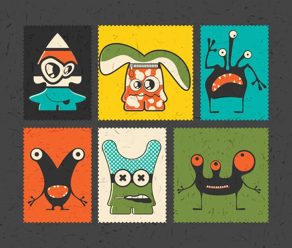 Set de șase ștampilă retro poștală cu monștri amuzanți pe fundal de culori diferite . — Vector de stoc