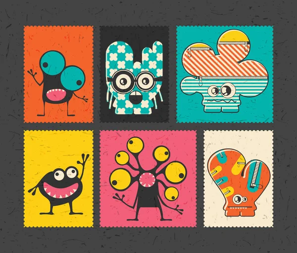 Set van zes retro van postzegel met grappige monsters op andere kleur achtergrond. — Stockvector