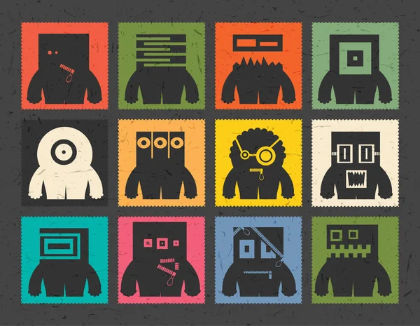 Set de douze timbres postaux rétro avec des monstres drôles sur fond de couleur différente . — Image vectorielle