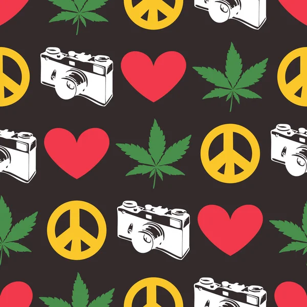 Hippie sem costura padrão com folhas de maconha, câmera velha, coração, símbolo de paz no fundo preto . —  Vetores de Stock