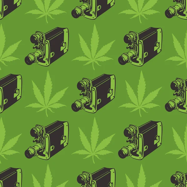 Modello decorativo senza cuciture con foglie di cannabis e vecchia macchina fotografica su sfondo verde — Vettoriale Stock