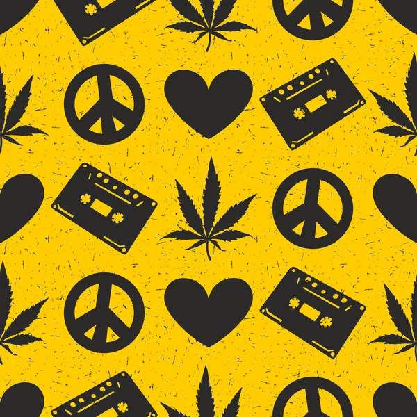 Modello Hippie senza cuciture con foglie di marijuana, dischi a cassetta, cuore, simbolo di pace su sfondo giallo . — Vettoriale Stock