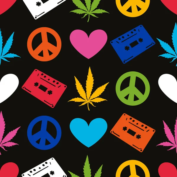 Colore Modello Hippie senza cuciture con foglie di marijuana, dischi a cassetta, cuore, simbolo di pace su sfondo nero . — Vettoriale Stock