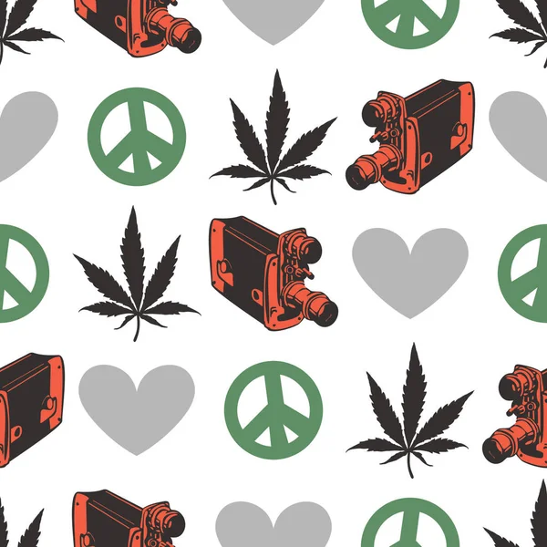 Hippie wzór z liści marihuany, stary aparat, serce, symbol pokoju na białym tle. — Wektor stockowy