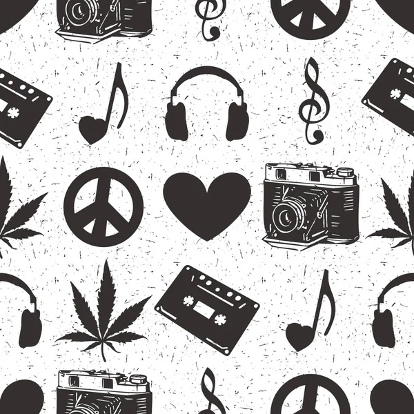 Hippie nahtloses Muster mit Marihuanablättern, Kopfhörern, alter Kamera, Herz, Musiknotiz, Kassettenschallplatten isoliert auf Weiß. — Stockvektor