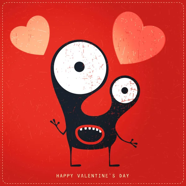 Cute Monster with emotions and heart on retro red grunge background. — Stock Vector