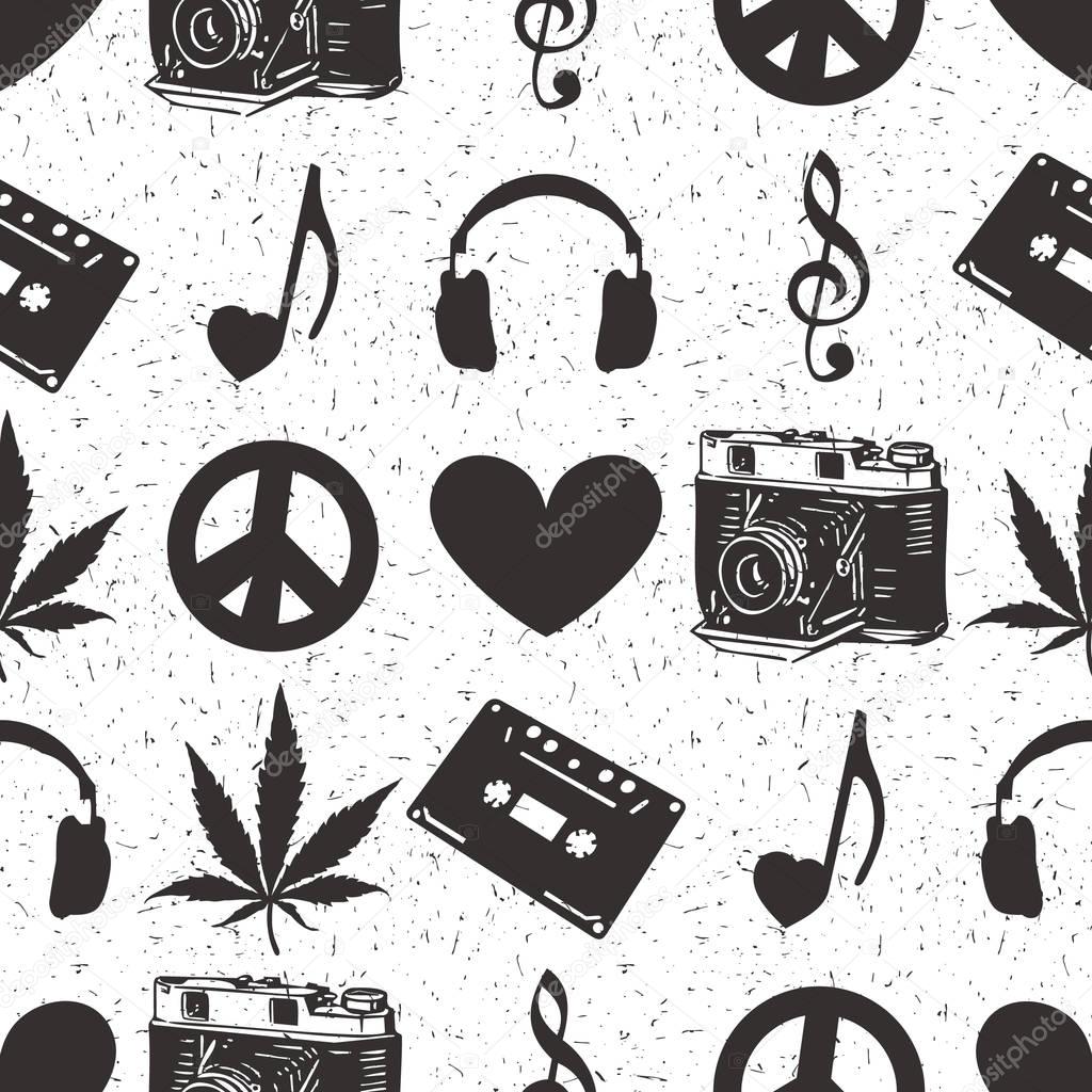 Hippie seamless pattern with marijuana leaves, headphones, old camera, heart, music note, cassette records isolated on white. 