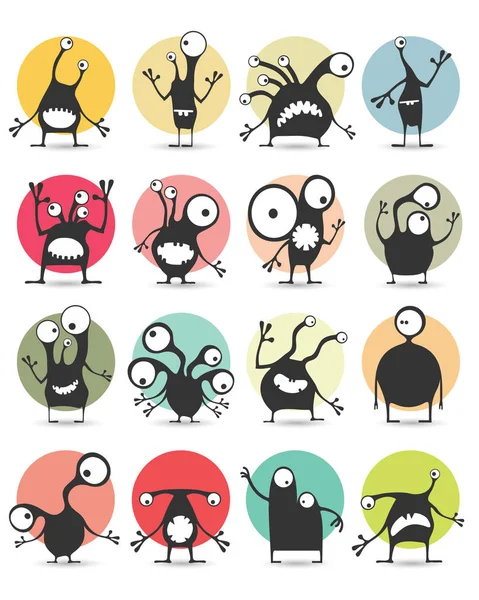 Set of sixteen color stickers with cute monsters. — Stock Vector