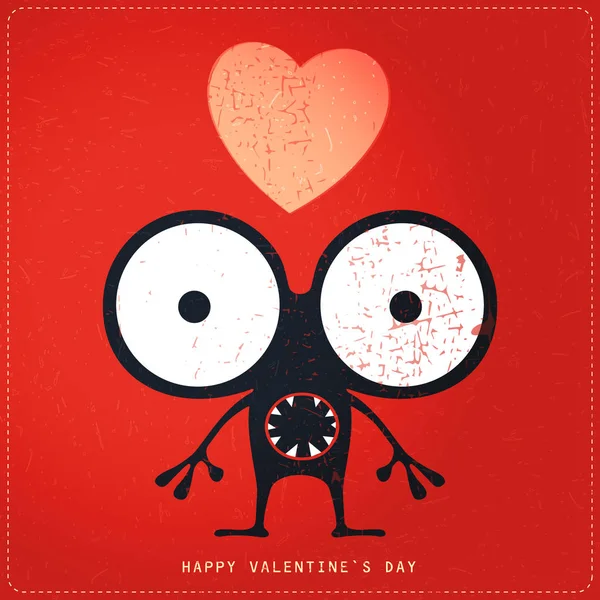 Leuke Monster met emoties en hart op retro rood grunge achtergrond. — Stockvector