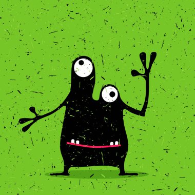 Grunge yeşil zemin üzerine duygularla sevimli siyah canavar. 
