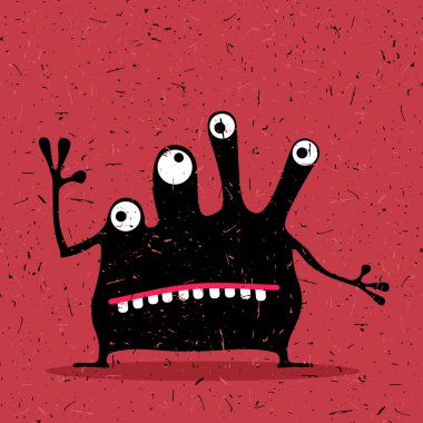 Grunge koyu kırmızı zemin üzerine duygularla sevimli siyah canavar. 