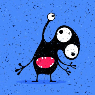 Grunge mavi zemin üzerine duygularla sevimli siyah canavar. 