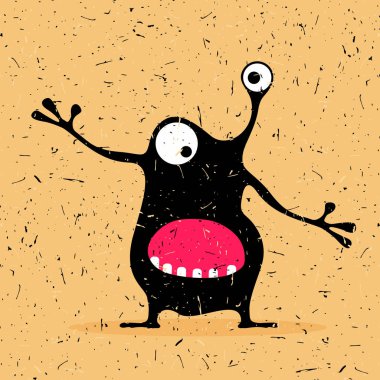 Grunge çöl Sarı zemin üzerine duygularla sevimli siyah canavar. 