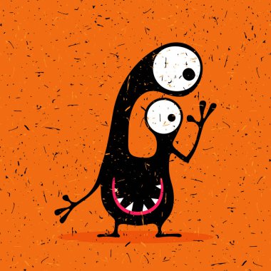 Grunge turuncu zemin üzerine duygularla sevimli siyah canavar. 