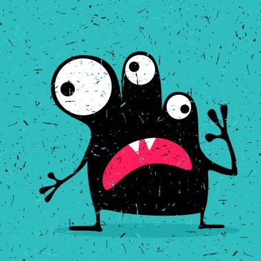 Grunge aqua mavi zemin üzerine duygularla sevimli siyah canavar. 