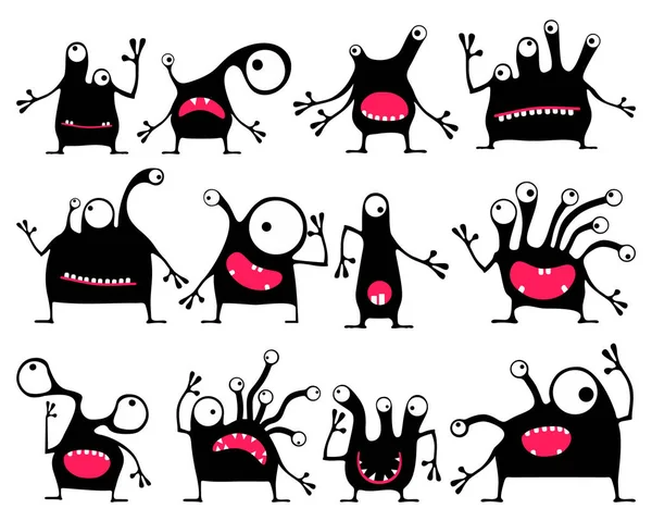 Conjunto de doze monstros negros bonitos com diferentes emoções isoladas no branco — Vetor de Stock