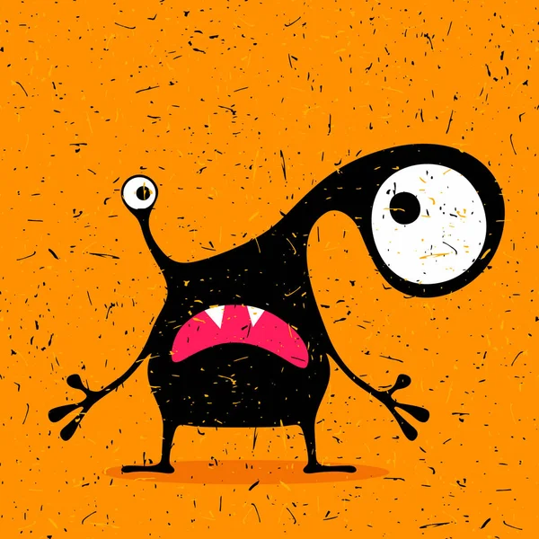 Cute black monster with emotions on grunge orange background. — Stock Vector