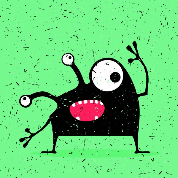 Cute black monster with emotions on grunge green background. — Stock Vector