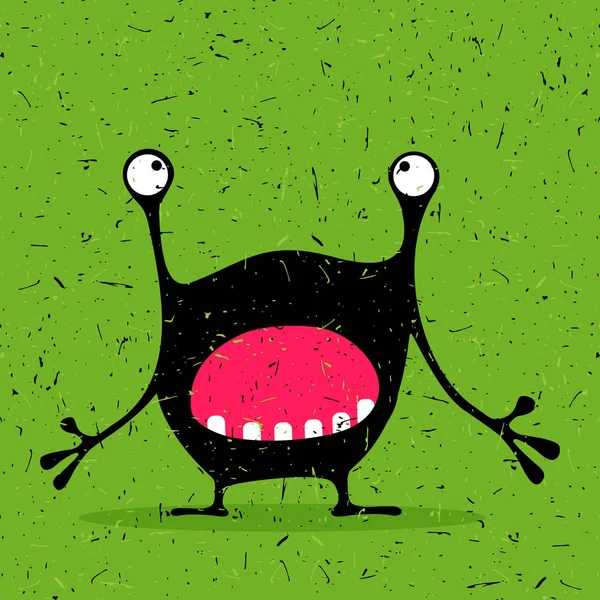 Cute black monster with emotions on grunge green background. — Stock Vector