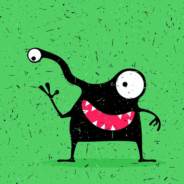 Nettes schwarzes Monster mit Emotionen auf grünem Grunge-Hintergrund. — Stockvektor