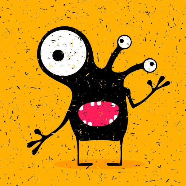 Niedliches schwarzes Monster mit Emotionen auf gelbem Grunge-Hintergrund. — Stockvektor