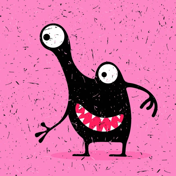 Schattig zwarte monster met emoties op grunge roze achtergrond. — Stockvector