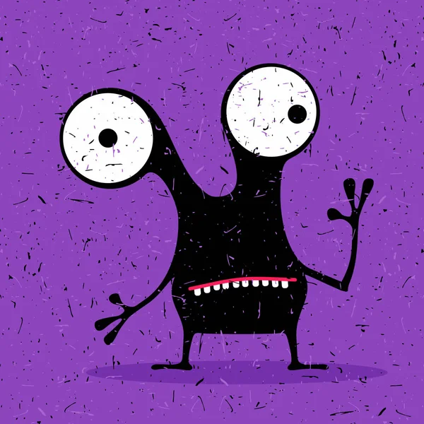 Cute black monster with emotions on grunge purple background. — Stock Vector