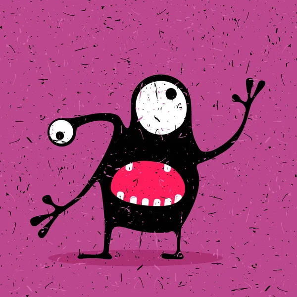 Cute black monster with emotions on grunge violet background. — Stock Vector