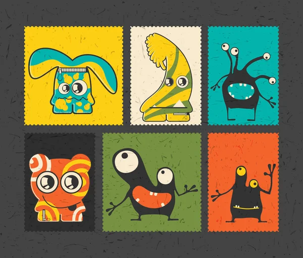 Set of six retro postage`s stamp with funny monsters on different color background. — Stock Vector