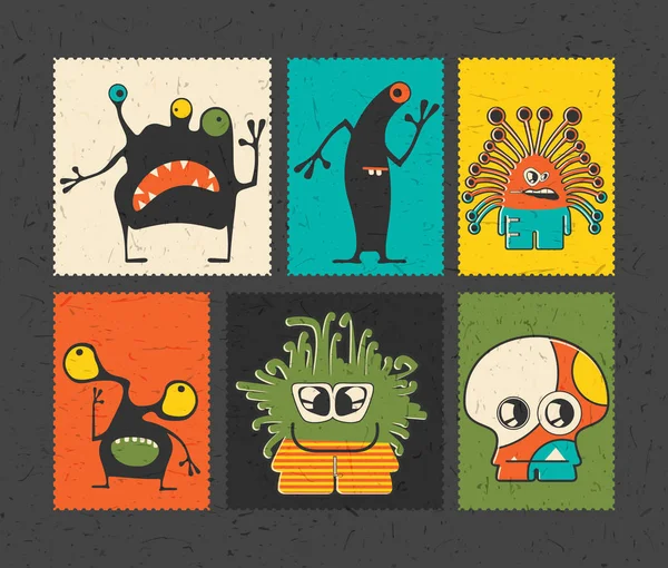 Set van zes retro van postzegel met grappige monsters op andere kleur achtergrond. — Stockvector