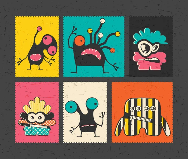 Set van zes retro van postzegel met grappige monsters op andere kleur achtergrond. — Stockvector