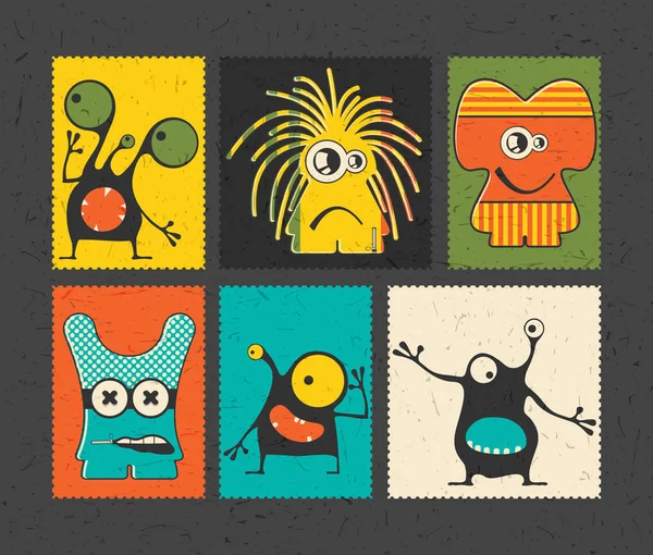 Set van zes retro van postzegel met grappige monsters op andere kleur achtergrond. — Stockvector